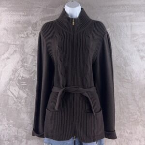 St. John Sport Sweater Jacket Womens Size Large Brown Rib Cable Knit Belted